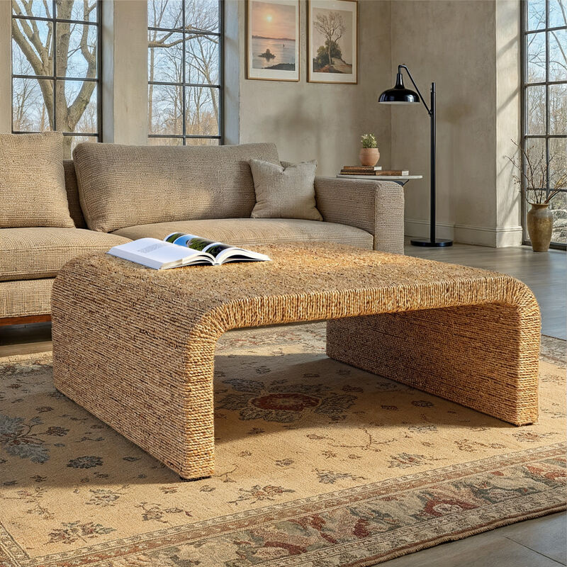 Woven Water Hyacinth & Acacia Wood Coffee Table with Waterfall Edge, Large image number 5