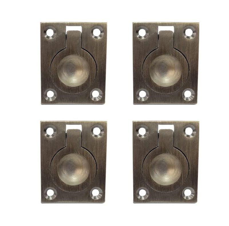 QCAA Flush Ring Pull, Solid Brass, 36.5 x45 mm, Brushed Antique Brass, 4 Pack, Made in Taiwan
