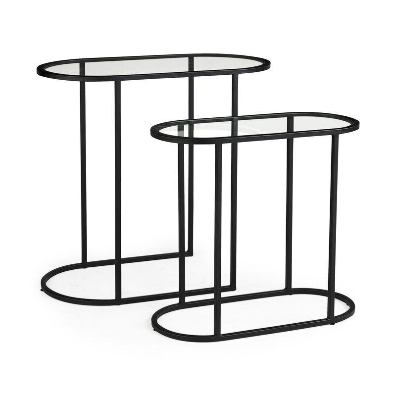 HomeRoots Set of Two 13" Clear and Black Glass and Metal Tray Tables image number 2