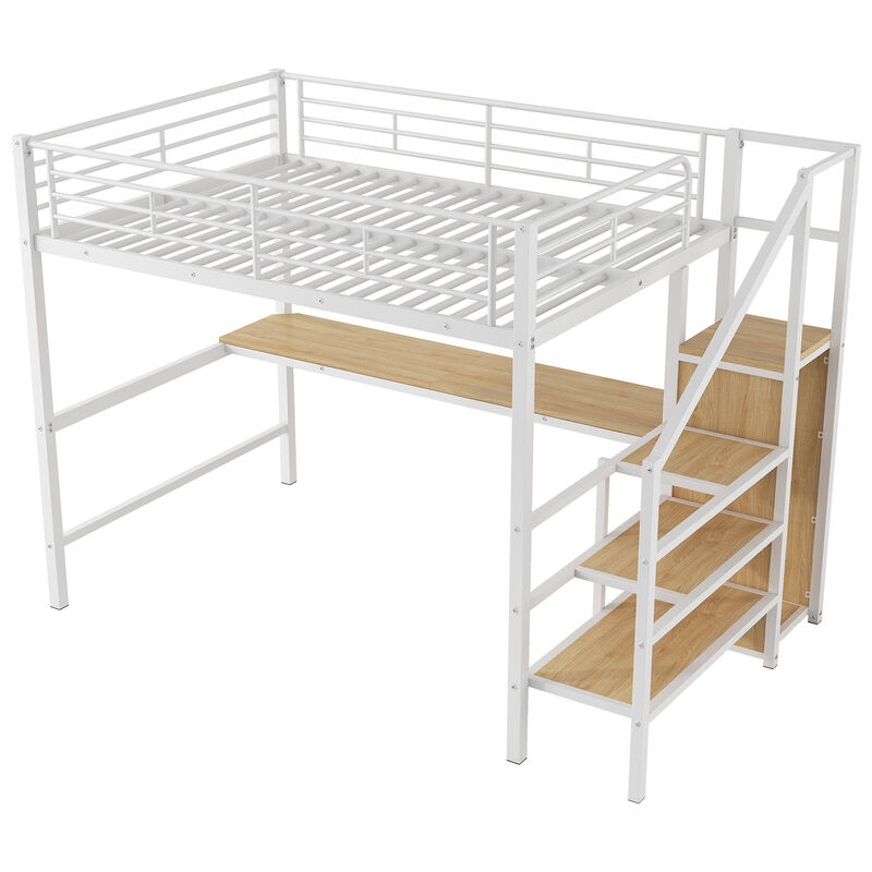 Whisen Full Size Metal Loft Bed with Desk, Storage Staircase, Small Wardrobe and LED Light