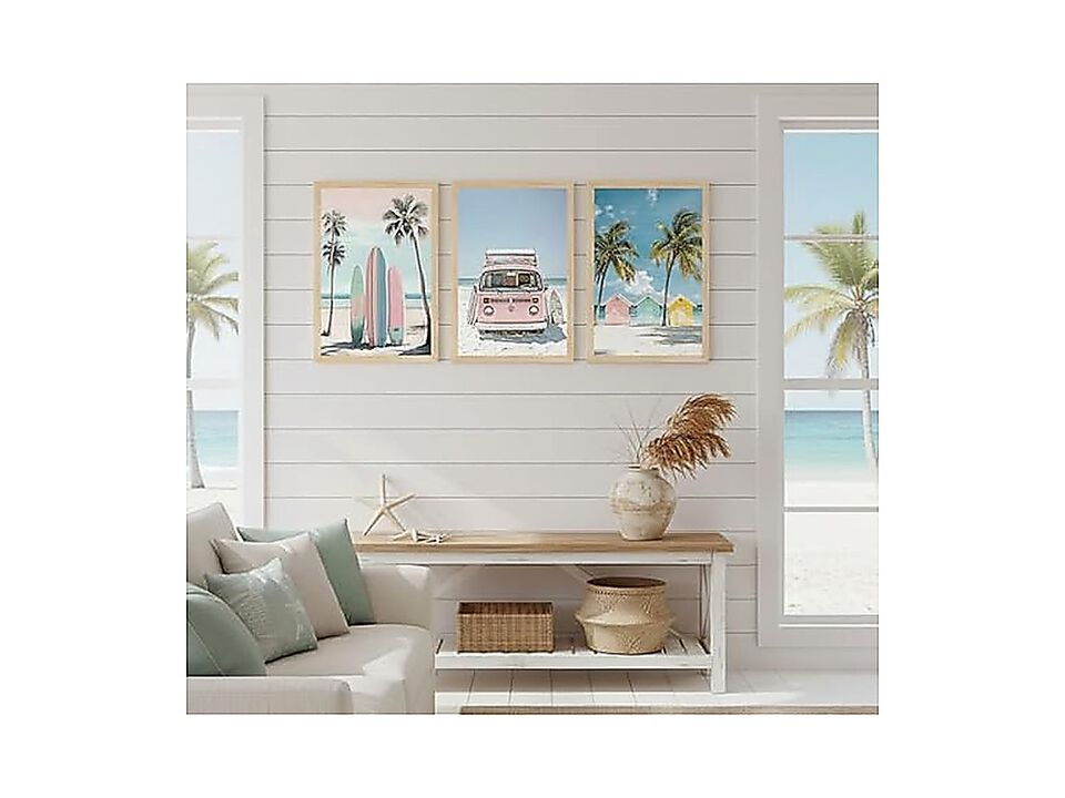 3 Pack Pink Beach Wall Art Tropical Teen Girl Coastal Canvas Poster Surfboard