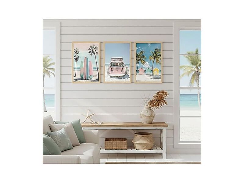 3 Pack Pink Beach Wall Art Tropical Teen Girl Coastal Canvas Poster Surfboard image number 1
