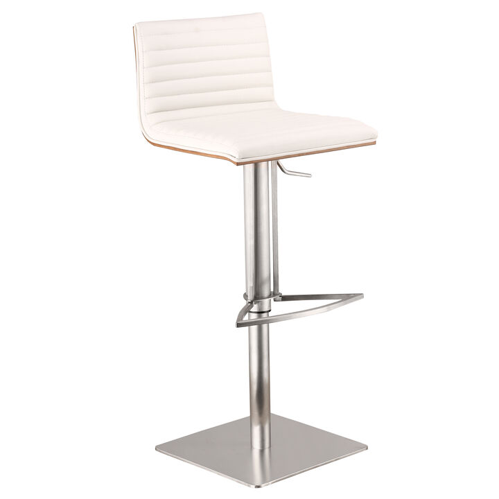 Café Adjustable Height Swivel Grey Faux Leather and Walnut Wood Stool with Brushed Stainless Steel Base