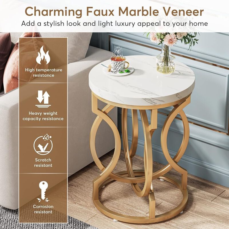 Tribesigns Round End Table, Modern Bedside Table with Faux Marble Top, Nightstand and Side Table for Living Room and Bedroom, Small Sofa Table with Curved Gold Metal Legs image number 6