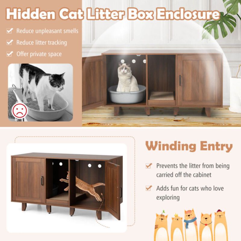 2-Door Cat Litter Box Enclosure with Winding Entry and Scratching Board