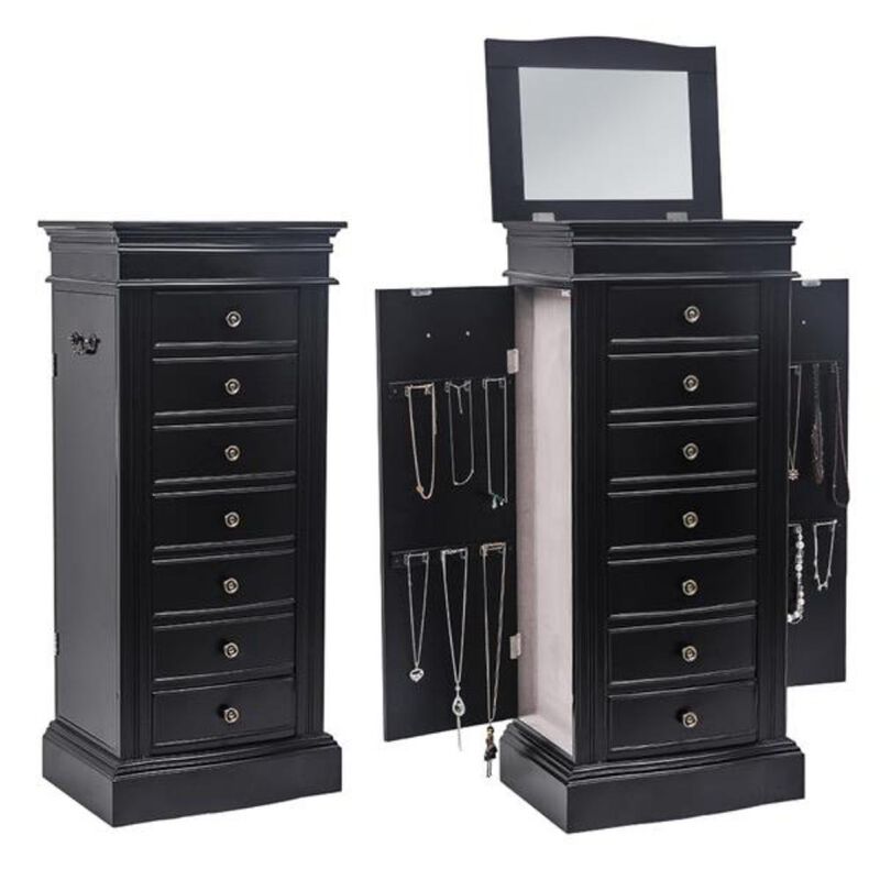 Jewelry Armoire with Mirror, 7 Drawers, 24 Necklace Hooks & 2 Side Swing Doors for Storage