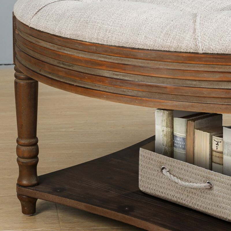 Plozup Large Round Tufted Linen Upholstered Ottoman Coffee Table image number 4