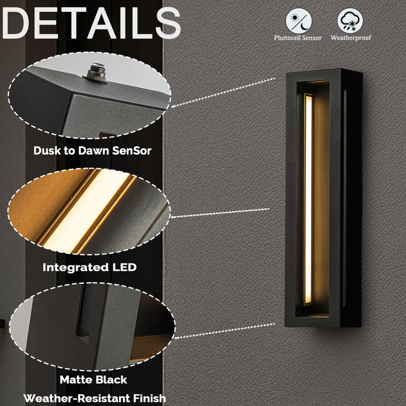 H20" Modern Outdoor Wall Light with Dusk to Dawn Sensor Linear Matte Black 30W Integrated LED Wall Sconce with Acrylic Shade for Porch Garage Entryway image number 7
