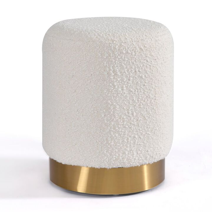 Glamour Home White Boucle Fabric Round Footstool Ottoman Golden Accent Base Small Size