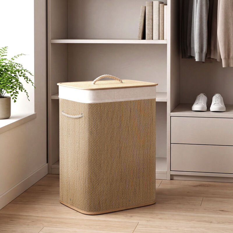 19 Gal Wicker Clothes Hamper with Removable Liner and Carry Handles image number 2