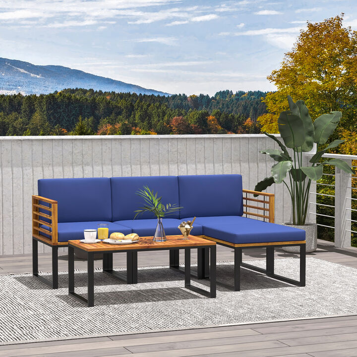 5-Piece Patio Acacia Wood Chair Set with Ottoman and Coffee Table-Navy