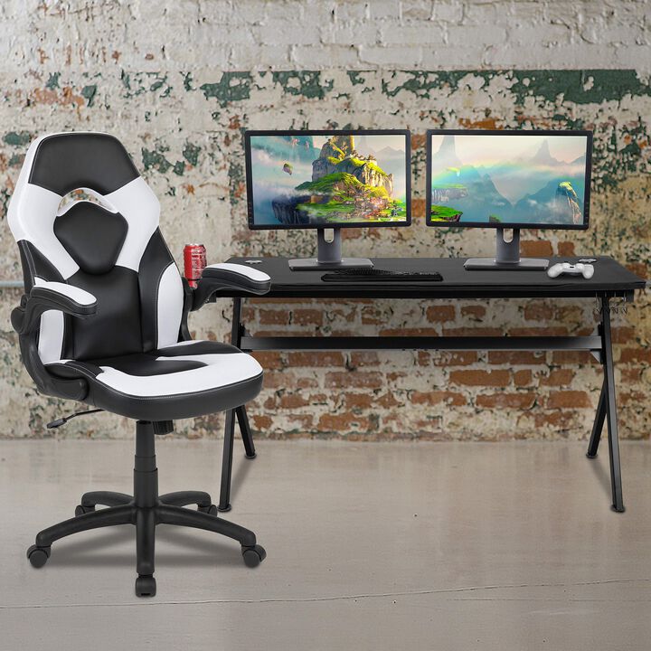 Flash Furniture Gaming Desk and White/Black Racing Chair Set /Cup Holder/Headphone Hook/Removable Mouse Pad Top - 2 Wire Management Holes