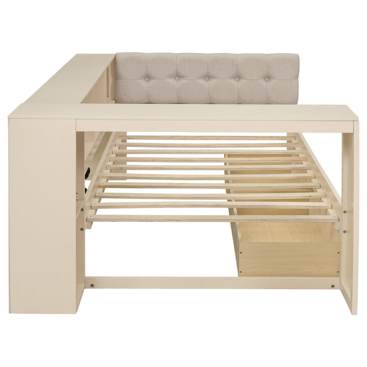 Whisen Platform Bed with Storage Shelves, Drawers, Charging Station and Upholstered Headboard
