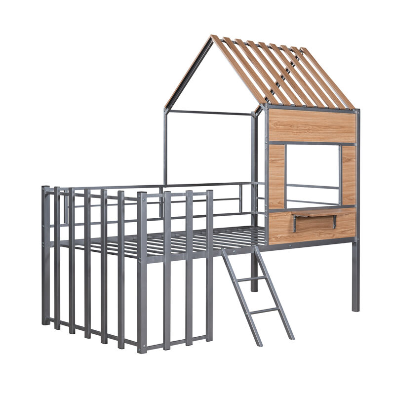Metal Twin size Loft Bed with Roof, Window, Guardrail, Ladder Silver