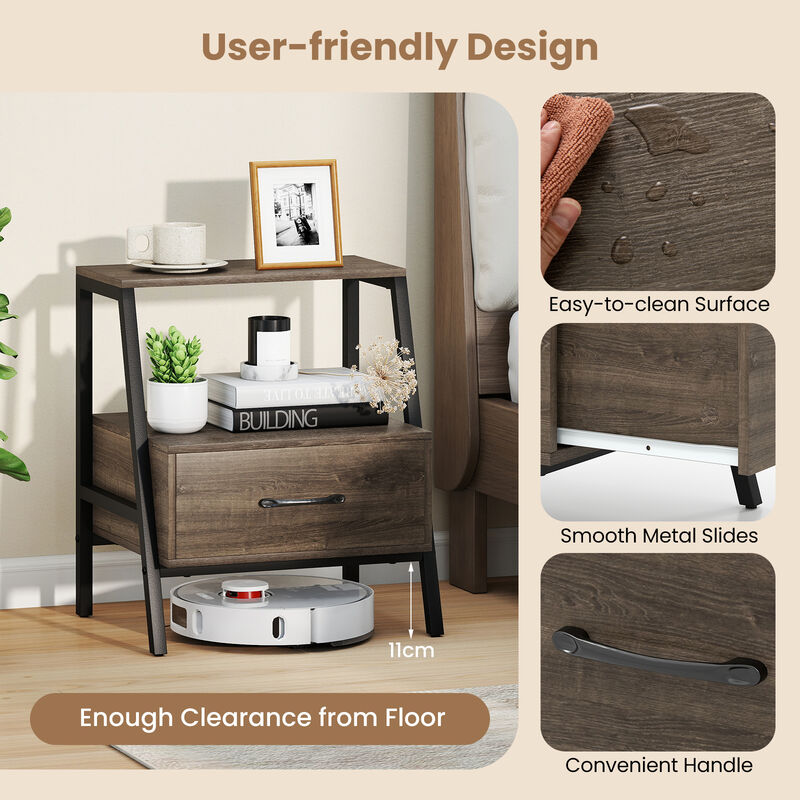 3-Tier Farmhouse Nightstand with Open Shelf for Bedroom Storage image number 4