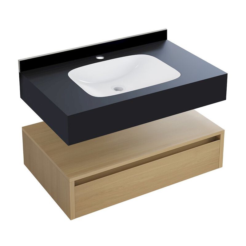 36" Wall-Mounted Bathroom Vanity in Natural Oak with Black Marble Sink Top image number 5