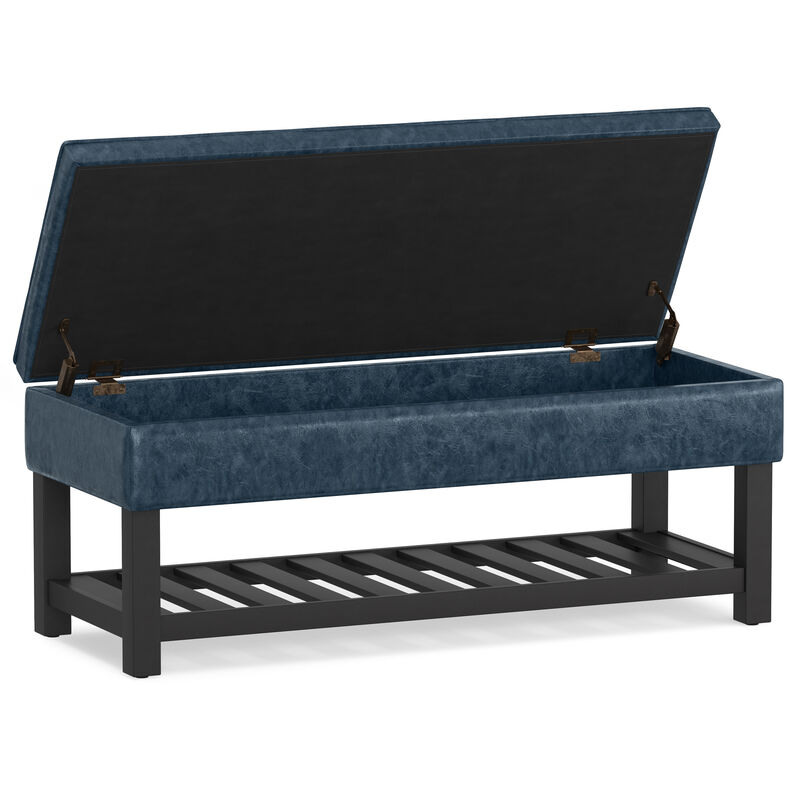 Cosmopolitan 44 inch Wide Transitional Rectangle Storage Ottoman Bench with Open Bottom in Denim Blue Faux Leather image number 3
