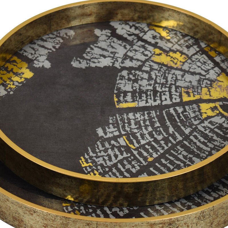 Archy Round Tray, Set of 2, Abstract Patterns, Black-Gold Polyurethane image number 5