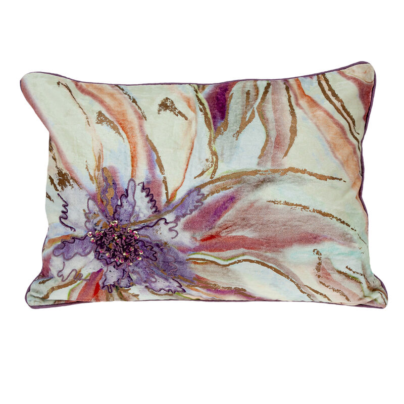 HomeRoots 14" X 20" Pink and Purple Floral Cotton Throw Pillow With Sequins image number 3