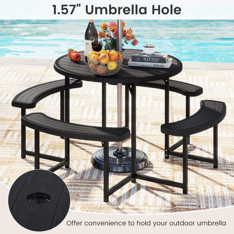 Round Picnic Table Set with 4 Benches and Umbrella Hole &ndash; Outdoor Patio Dining