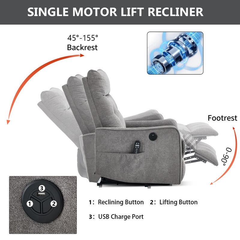 Chenille Single Motor Power Lift Recliner Chair with Heat Massage and USB Charging for Elderly