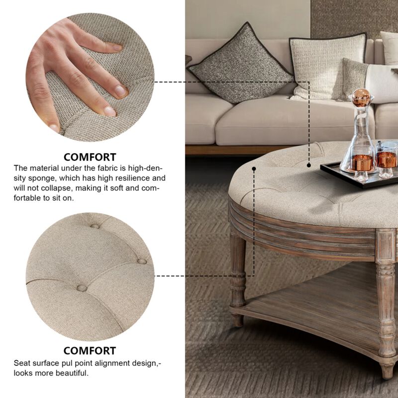 Plozup Large Round Tufted Linen Upholstered Ottoman Coffee Table image number 4