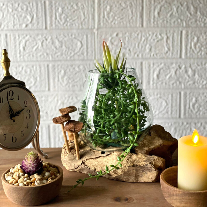Handcrafted Glass and Teak Vase with Wood Mushroom Embellishments, Rustic Accent image number 5