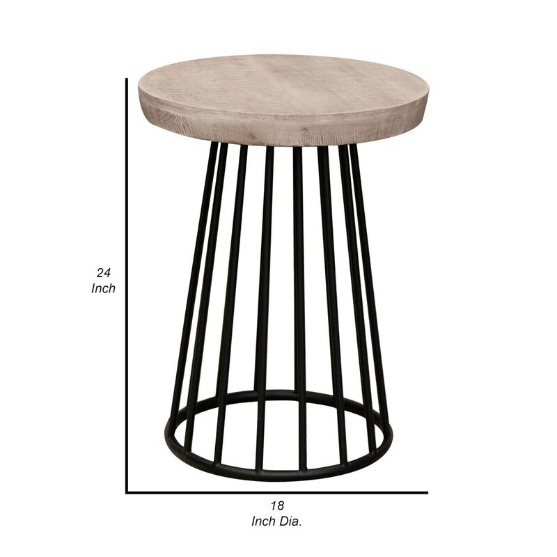 Benjara Rita 24 Inch Chairside Table, Open Cone Base, Wood, Metal, Off White and Black