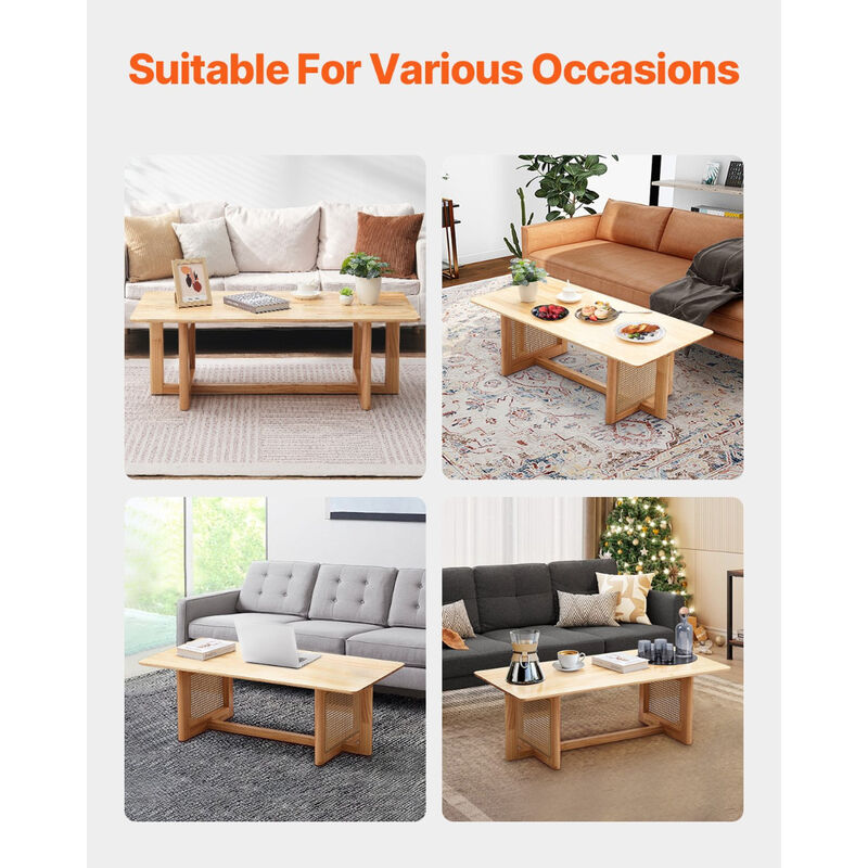 Rectangular Wood Rattan Coffee Table with Double Storage Layers, Modern Design