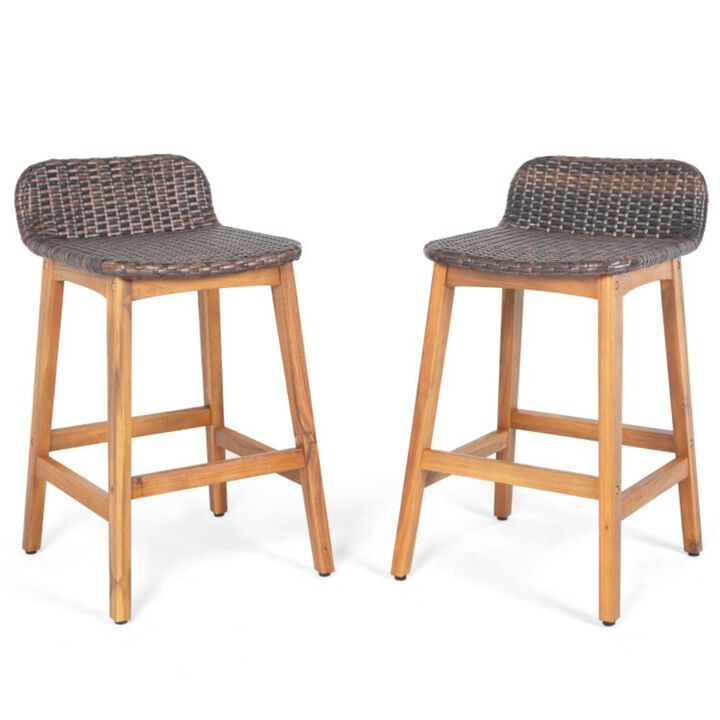 Hivvago Solid Acacia Wood Bar Stools Set of 2 with Backrests and Footrests for Porch