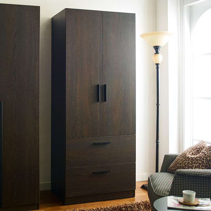 FC Design Klair Living Two-Door Wood Closet with Two Drawers and Hanging Bars in Dark Brown
