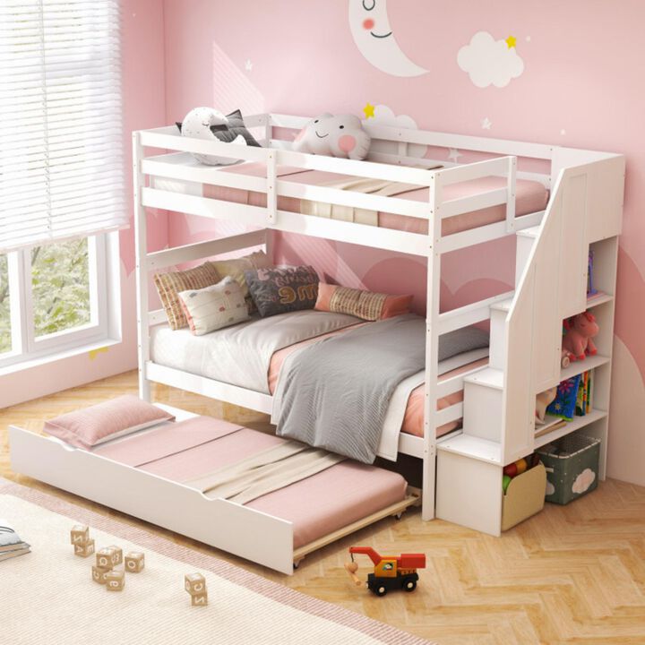 Hivvago Home Wood Bunk Bed with Guard Rail and 4-step Storage Stairs No Box Spring Needed