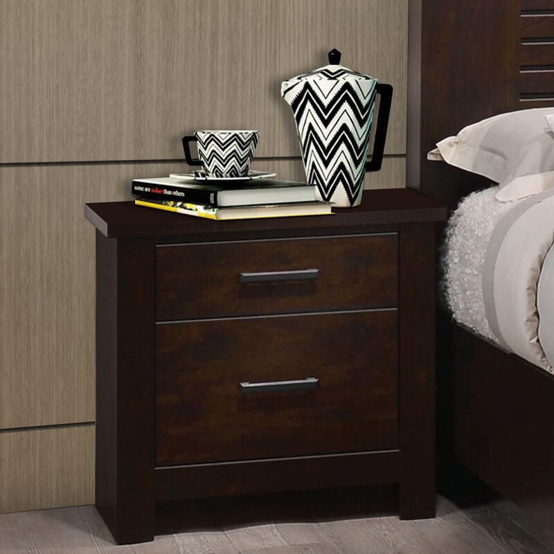 Wooden Nightstand with Two Drawers, Mahogany Brown-Benzara image number 6