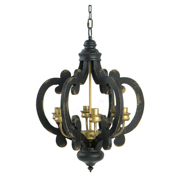 Aki 21 Inch Carved Wood Chandelier, 6 Lights, Vintage Classic, Black, Gold - Benzara