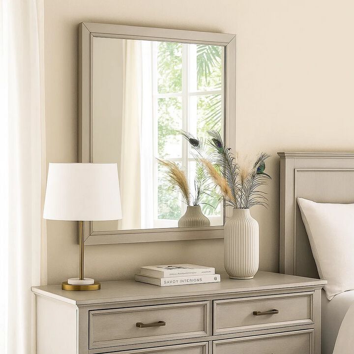 Dresser Mirror, Subtle Antique White Rubberwood, Square 40 Inch