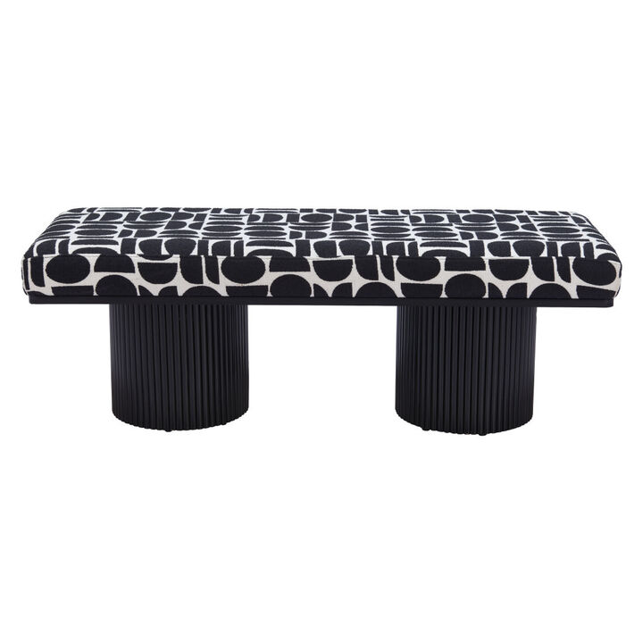 HomeRoots 49" Black And White Geometric Fabric and Solid Wood Upholstered Bench