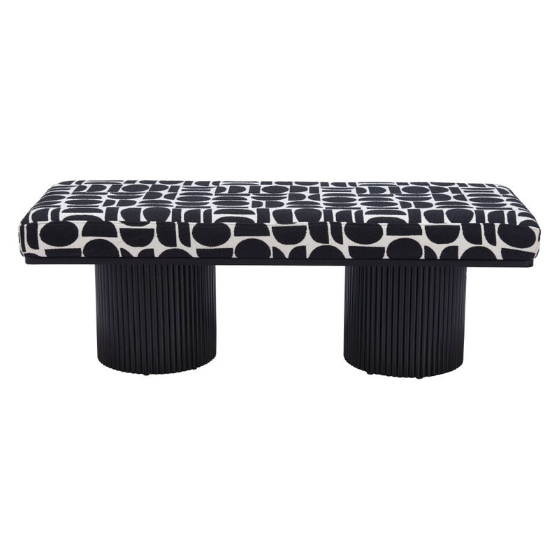 HomeRoots 49" Black And White Geometric Fabric and Solid Wood Upholstered Bench image number 0
