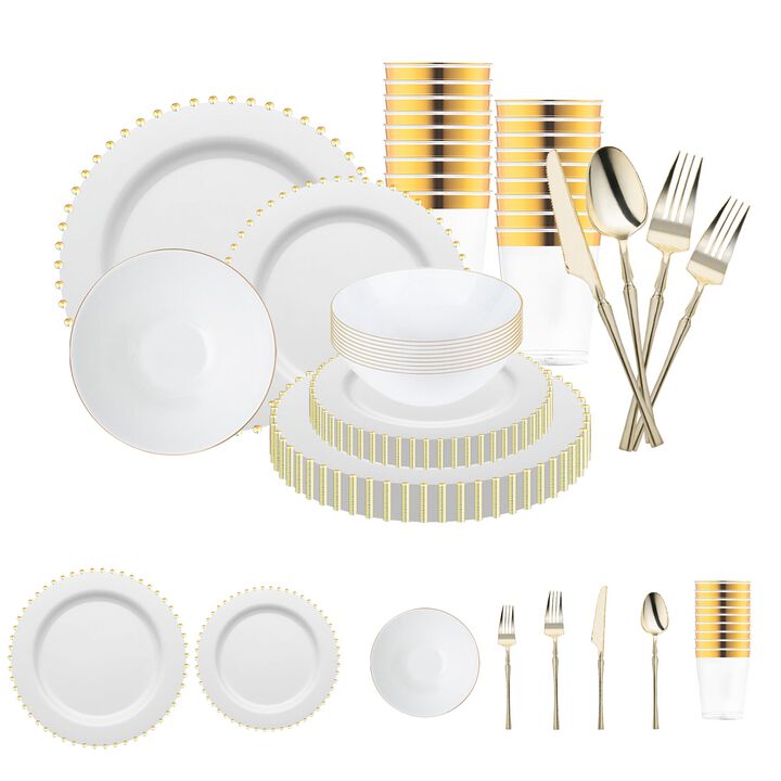 White with Gold Pearl String Round Plastic Tableware Set (120 Sets)