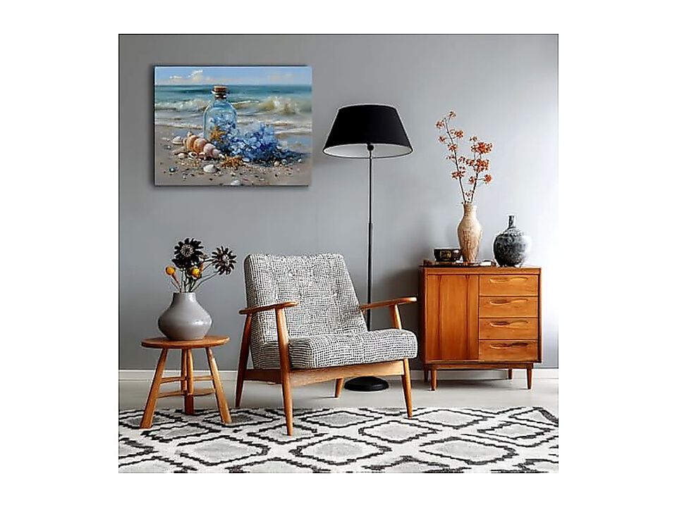 Coastal Beach Wall Art Canvas Bathroom Blue Ocean Seashells Glass Bottle Decor