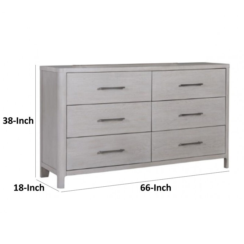 Reham Wide Dresser Chest, 6 Drawers, Pewter Handles, White Wash Brown - Benzara