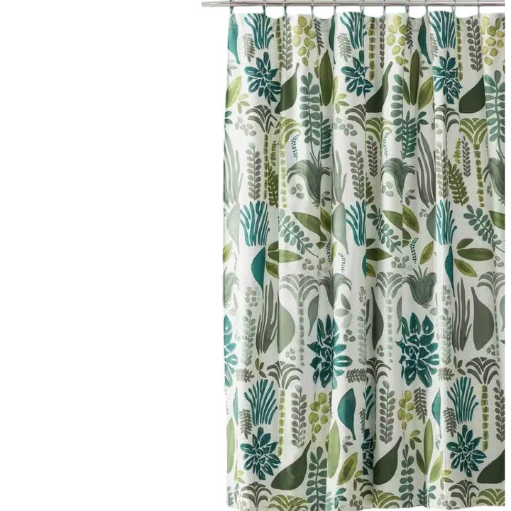 Nature-Inspired Shower Curtain – Water-Repellent Cotton-Poly with Delicate Leaf & Herb Design
