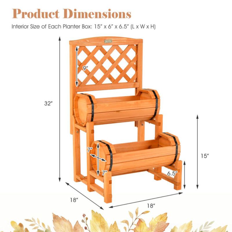 Hivvago Wooden 2-Tier Raised Garden Bed with 2 Cylindrical Planter Boxes and Trellis
