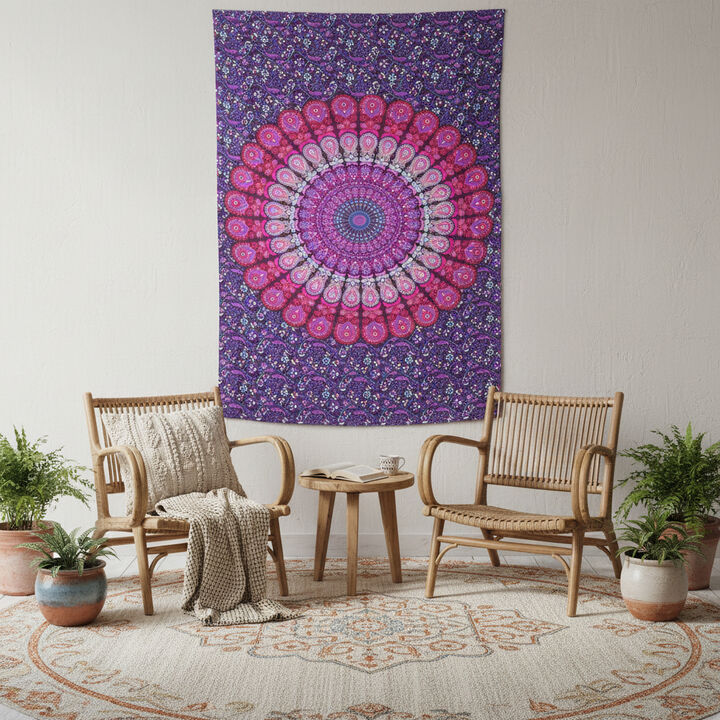 HomeRoots 80" X 56" Purple Pink And White Mandala Cotton Hanging Tapestry
