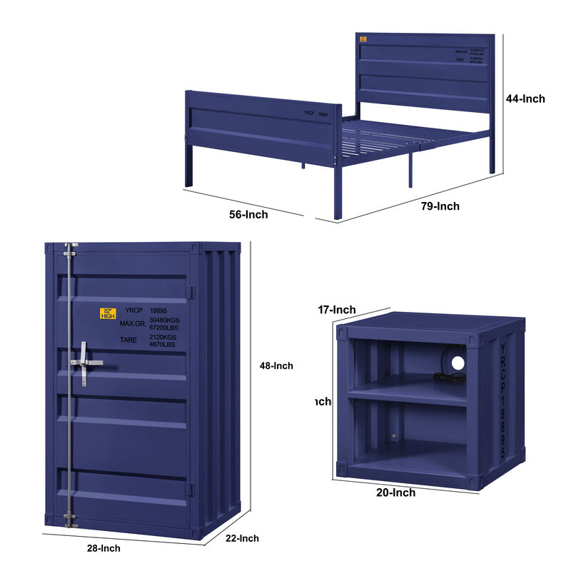 Dua Three Pc Full Bedroom Set, Recessed Panel Pattern, Industrial Style, Blue Metal