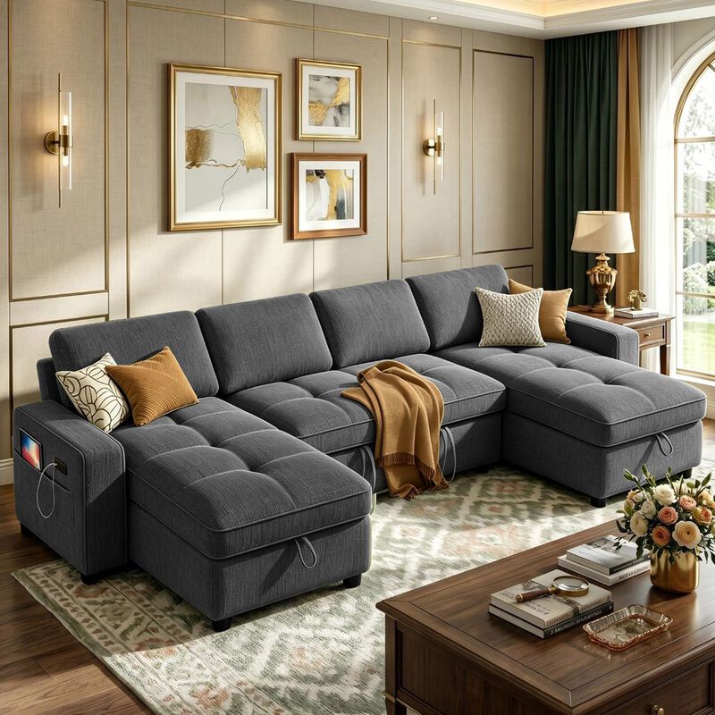 105" U-Shaped Sleeper Sofa Bed, Chenille Pull Out Couch with Reversible Storage Chaise, 5-Position image number 7