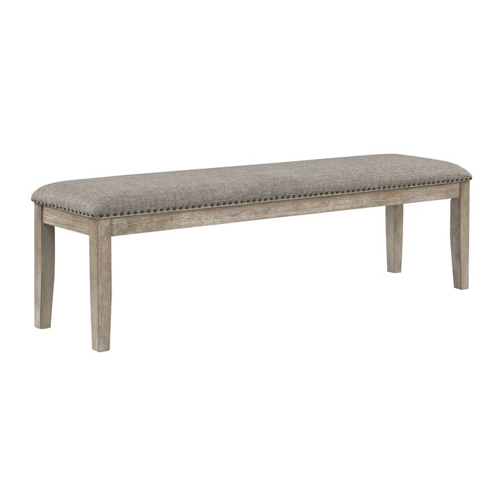 Ruth 64 Inch Bench, Nailhead Trim, Polyester Upholstery, Gray Solid Wood - Benzara