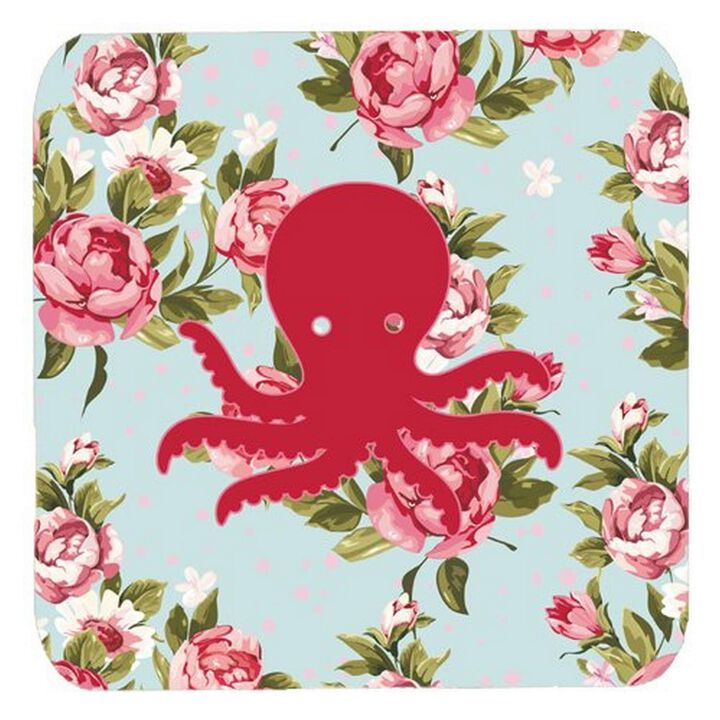 Caroline's Treasures BB1090-RS-BU-FC Octopus Shabby Chic Blue Roses Foam Coasters (Set of 4), 3.5 H x 3.5 W, Multicolor