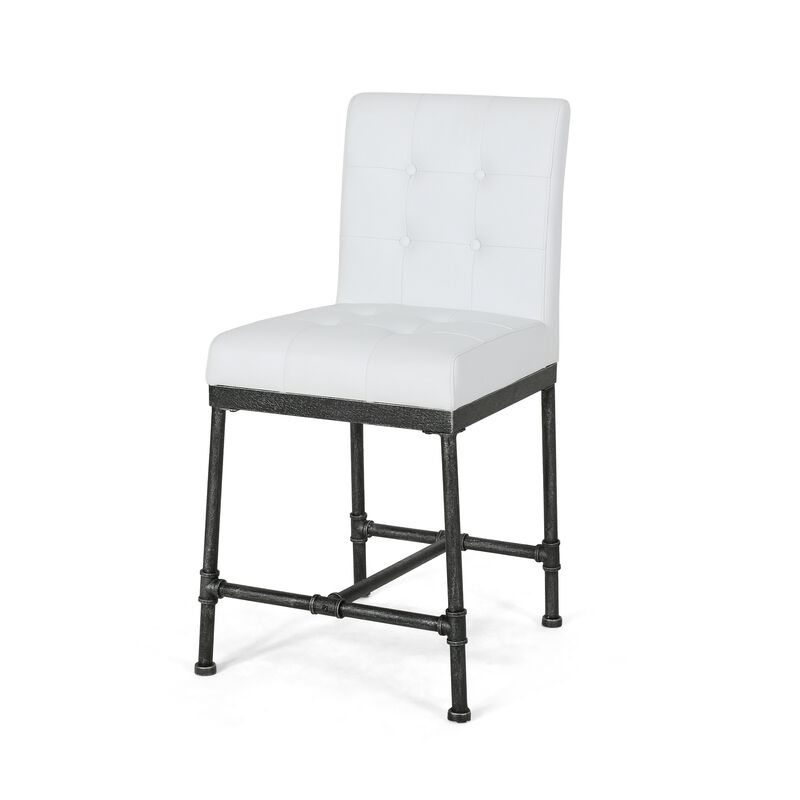 Bruke Counter Height Chair Set of 2, White Tufted Faux Leather, Metal - Benzara