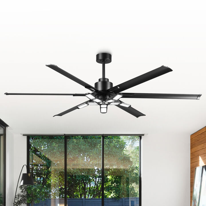 72" Modern Matte Black 6-Aluminum Blades Reversible Ceiling Fan with Light and Remote