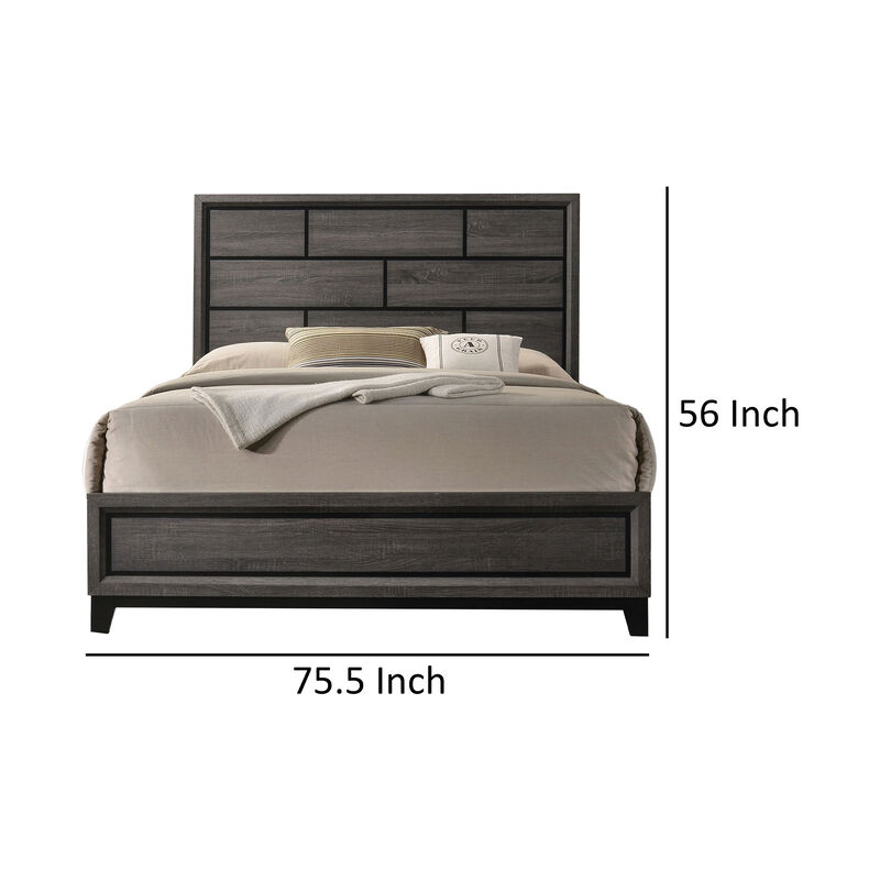 Erica King Size Bed, Gray and Black Wood Finish, Panel Style Headboard - Benzara